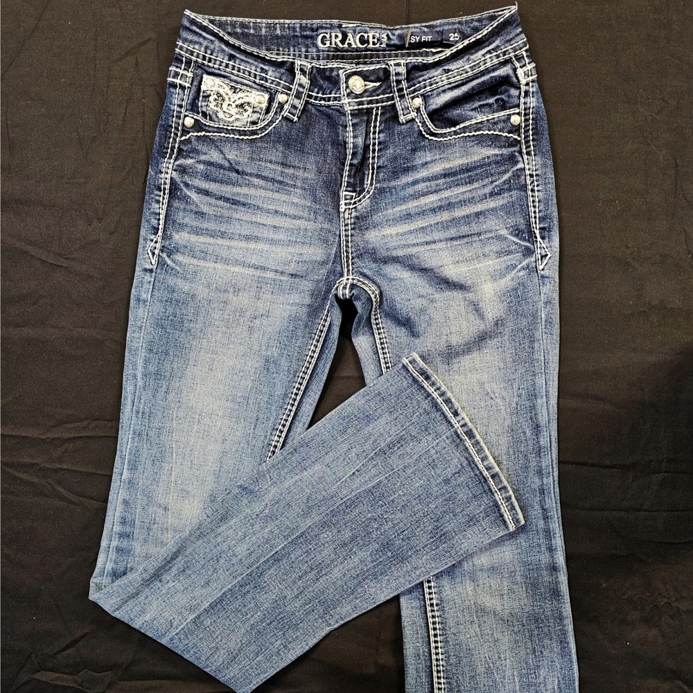 Grace in LA EB-61977 Easy Fit Bootcut Jeans 25x32 Embroidered Rhinestone